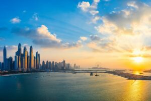Dubai skyline with dubai eye at sunset – popular 2025 travel destination for Indian tourists